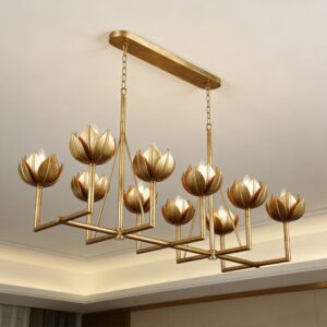 American Retro Golden Lotus Flower Bud Pendant Lamp Dining Room Metal Alberto Large Linear Chandelier Antique Pendant Light