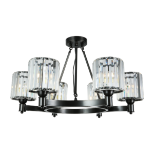 Copper Contemporary Metal Wheel Chandelier Crystal Shade Matte Black Finish Round Pendant Lights for Living Room Foyer