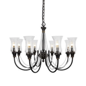 European Style Copper Villa Hotel Restaurant E14 Black Metal Chandelier Lamp Classic Glass Chandelier for Living Room Bedroom