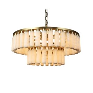 Custom Celestial Alabaster Round Chandelier Double Tier Pendant Light with Brass Canopy Elegant Modern Fixture for Dining Room