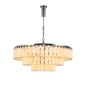 Custom Celestial Alabaster Round Chandelier Double Tier Pendant Light with Brass Canopy Elegant Modern Fixture for Dining Room