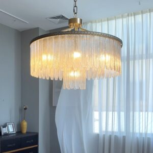 Copper Indoor Decoration Luxury Villa Canolighting Staircase Hotel Round Led Glass Chandelier Pendant Lights for High Ceiling