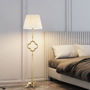 Vintage Floor Lamp Luxury Hotel Living Room Decor Antique Gold Brass Metal Quatrefoil Stem Fabric Shade Quatrefoil Floor Lamp