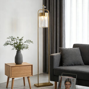 Brass Modern Frame Floor Lamp with White Cylindrical crystal Shade Minimalist Lighting for Hotel Guest Room Decor