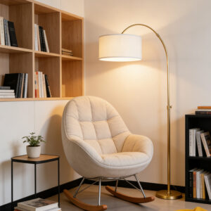 Custom Arc Floor Lamp for Living Room Modern Minimalist Home Decor Brass Metal Stand Fabric Drum Shade Simple Fabric Floor Lamp