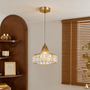 Copper Round Crystal Pendant Light Gold Metal Cage Modern Glow for Dining Area and Kitchen Decorative Lighting