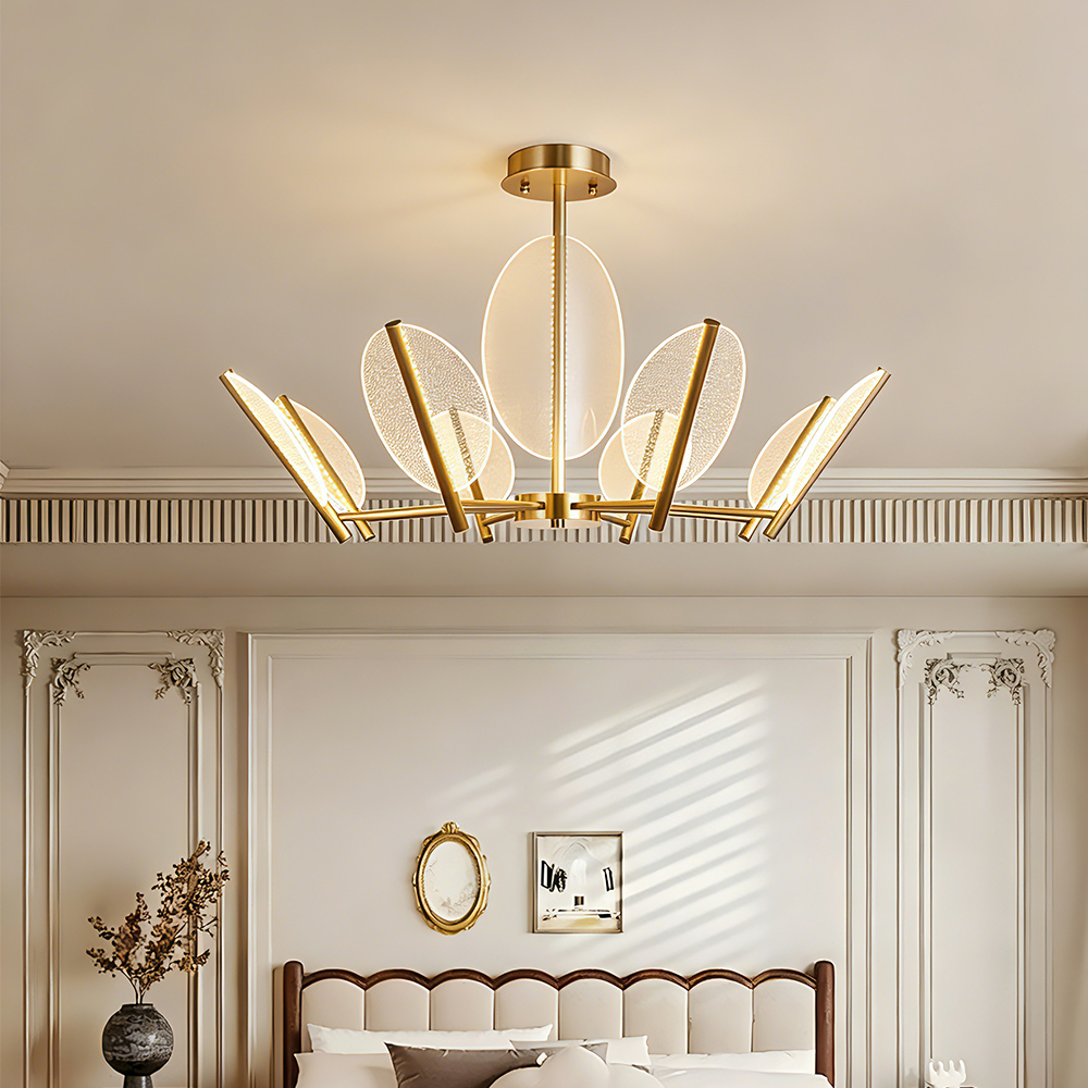 Copper New Design Chandelier Pendant Lamp Acrylic Leaf Shape Crystal Style Switch Control Home Hotel Restaurant Indoor Use