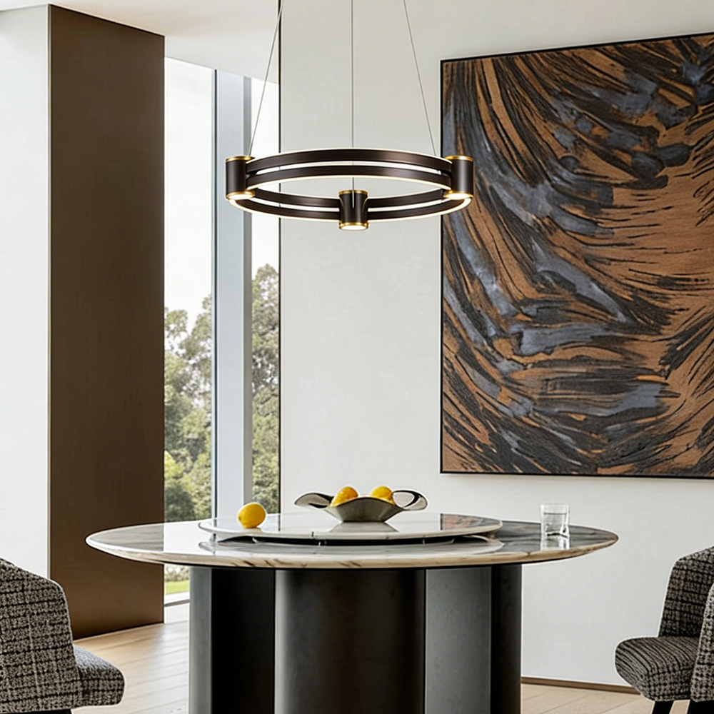 Copper New Design Living Room Led Ring Acrylic Lamp Round Hanging Chandelier Modern Hotel Circle Line Pendant Light