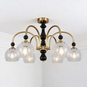 Retro American & French Style Copper Chandelier Amber Glass ceiling Light Base Adjustable Height for Living Dining Room