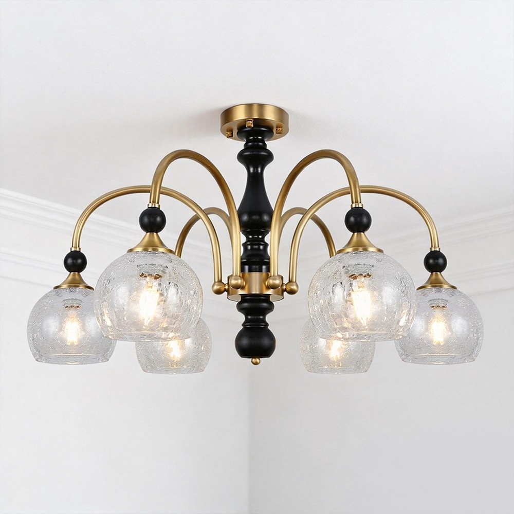 Retro American & French Style Copper Chandelier Amber Glass ceiling Light Base Adjustable Height for Living Dining Room