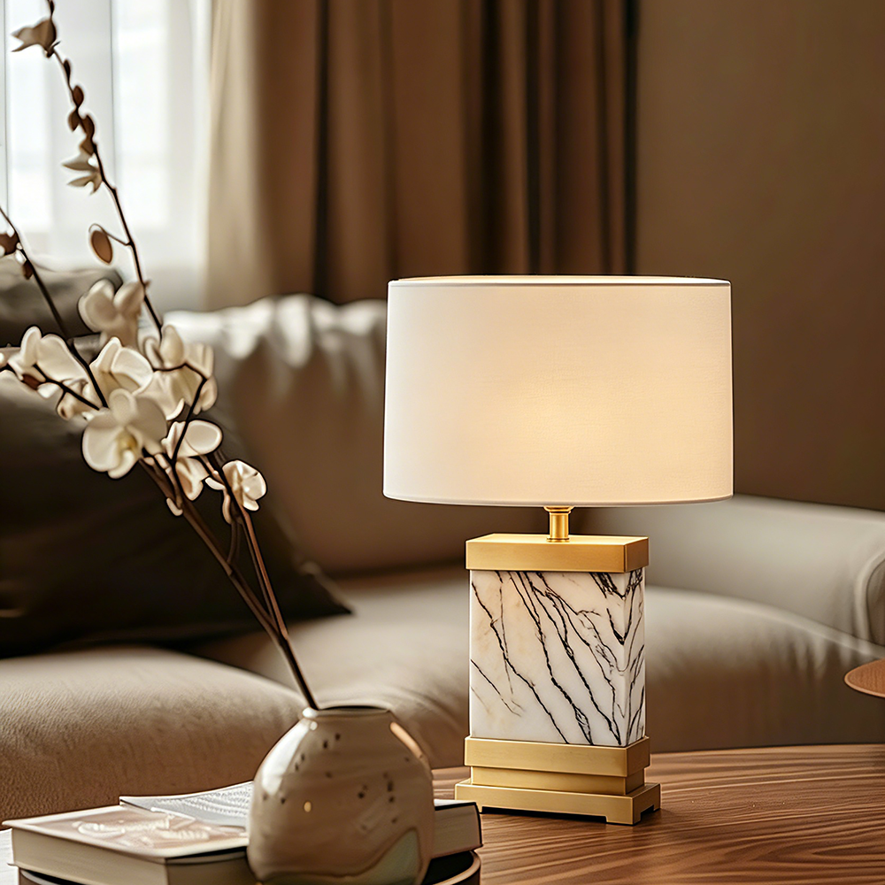 Modern Alabaster Table Lamp Luxury Hotel Bedroom Decor Natural Copper Brass Base Fabric Shade LED Lineate Alabaster Table Lamp - Image 2