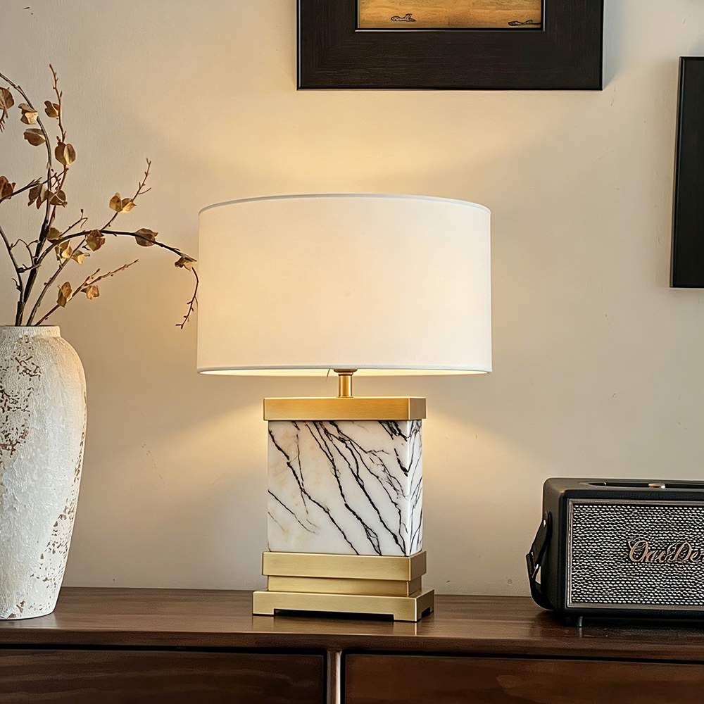 Modern Alabaster Table Lamp Luxury Hotel Bedroom Decor Natural Copper Brass Base Fabric Shade LED Lineate Alabaster Table Lamp - Image 3