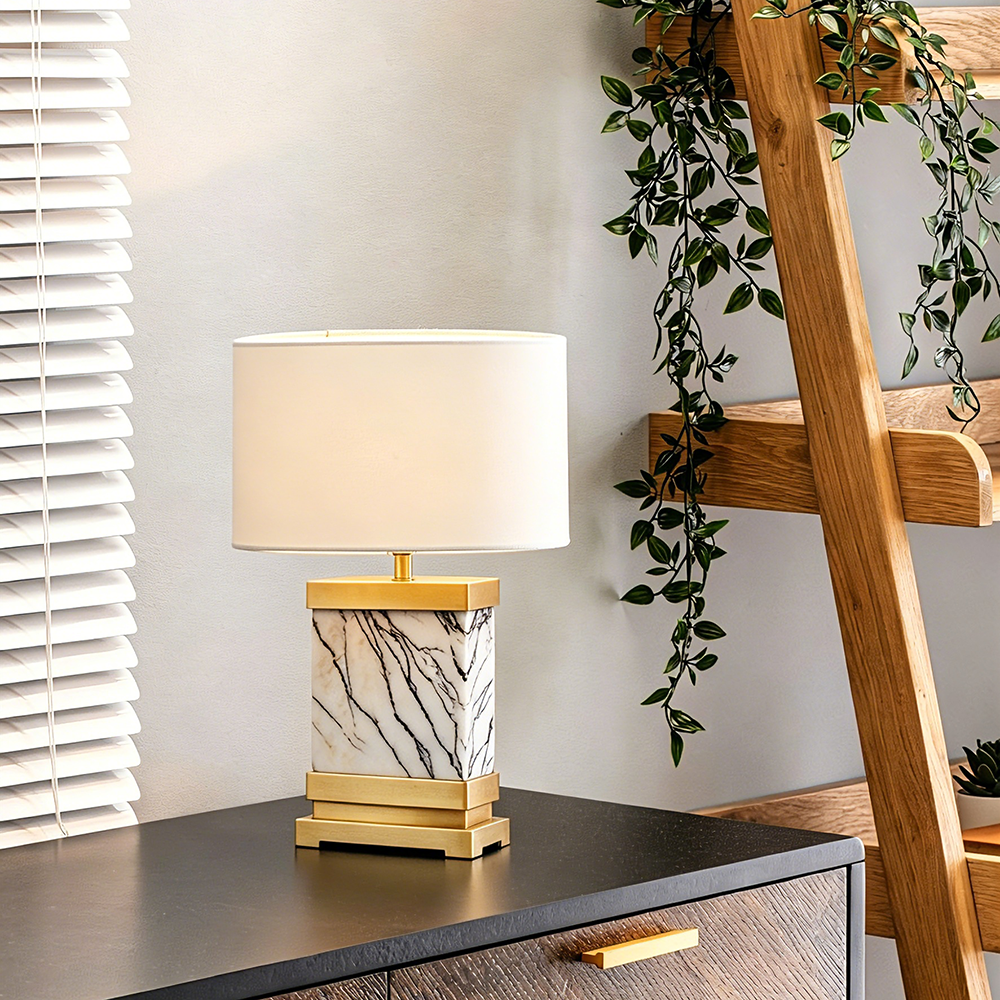 Modern Alabaster Table Lamp Luxury Hotel Bedroom Decor Natural Copper Brass Base Fabric Shade LED Lineate Alabaster Table Lamp - Image 4