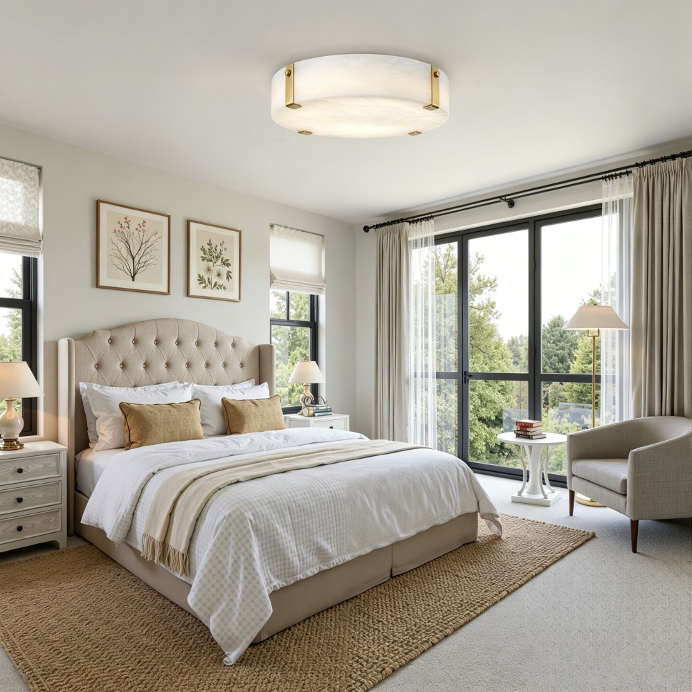 Marble Ceiling Light With Brass Accents a Spanish Alabaster Shade With Soft Warm White LED Light - Image 4