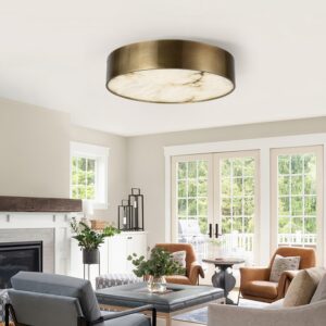 Round alabaster ceiling light with wrought iron accessories, Spanish marble surface, soft warm white LED light