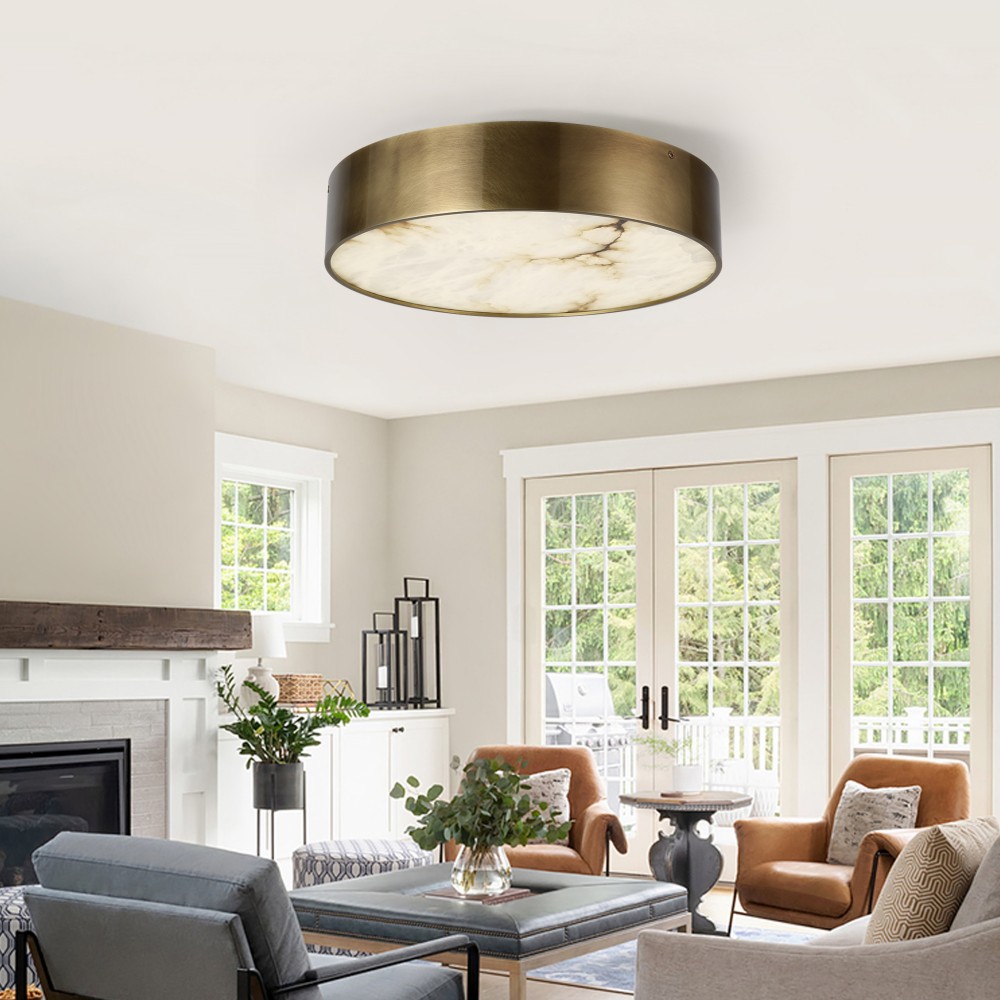 Round alabaster ceiling light with wrought iron accessories, Spanish marble surface, soft warm white LED light