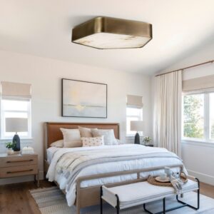 Modern wrought iron ceiling light, square Spanish marble shade, dimmable warm white LED, for hotels & villas