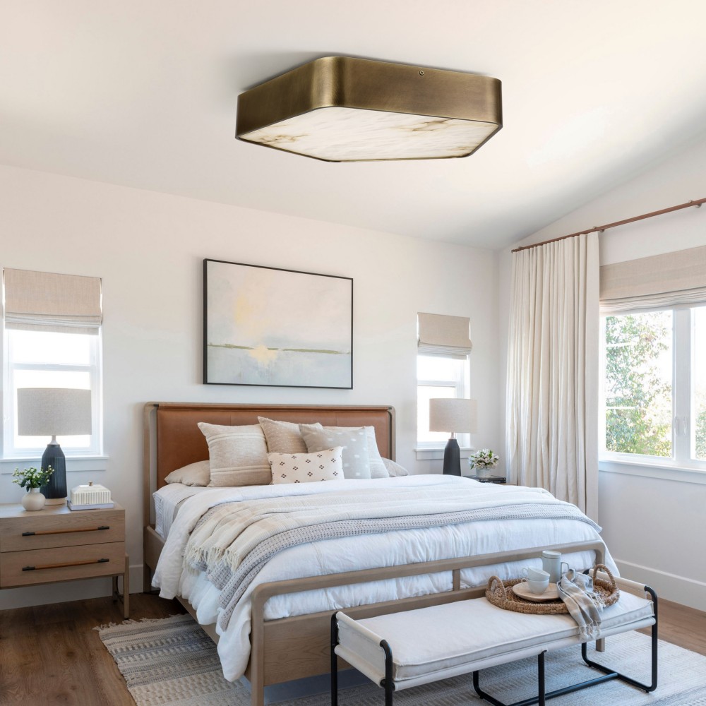 Modern wrought iron ceiling light, square Spanish marble shade, dimmable warm white LED, for hotels & villas