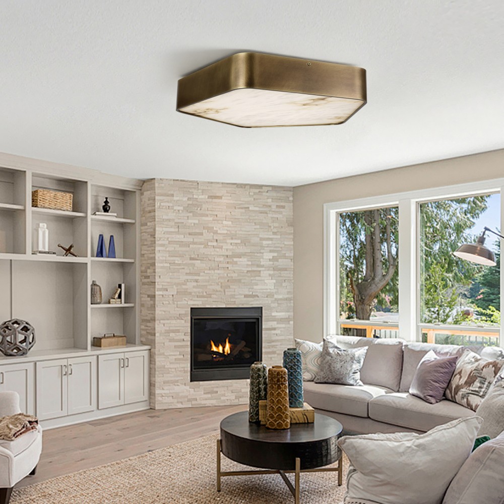 Modern wrought iron ceiling light, square Spanish marble shade, dimmable warm white LED, for hotels & villas - Image 2