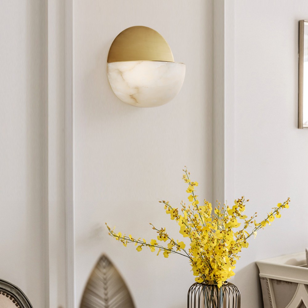 Wall Lamp Alabaster Copper Lighting Fixture Modern Half Dome Shade Natural Marble Round Shape Bedroom Hotel Villa Interior Decor - Image 2
