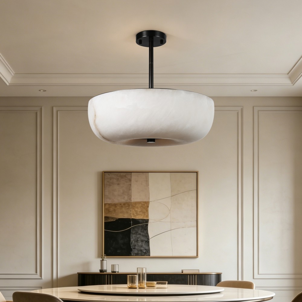 Chandelier Modern Alabaster Copper Lighting Fixture Round Marble Shade Luxury Dining Room Living Room Hotel Villa Interior Pro - Image 3